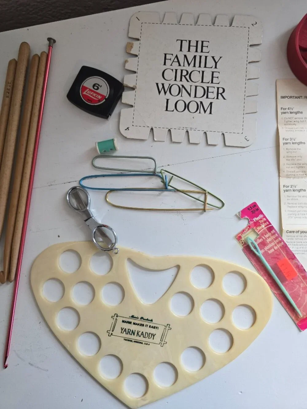 Vintage Crafting/Yarn Accessories Lot-Family Circle Loom Yarn Kaddy Hooks, Tools